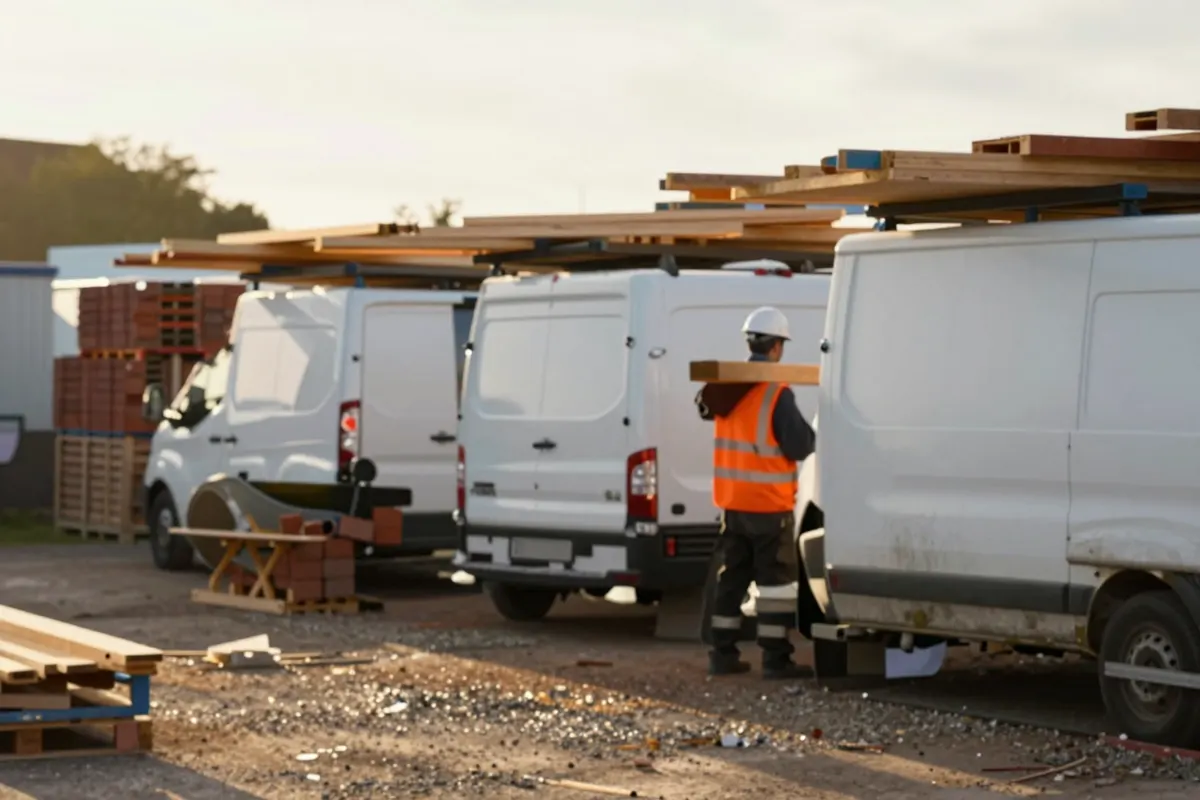 A builders' yard at sunset with white vans, stacked timber and bricks, and a worker carrying timber