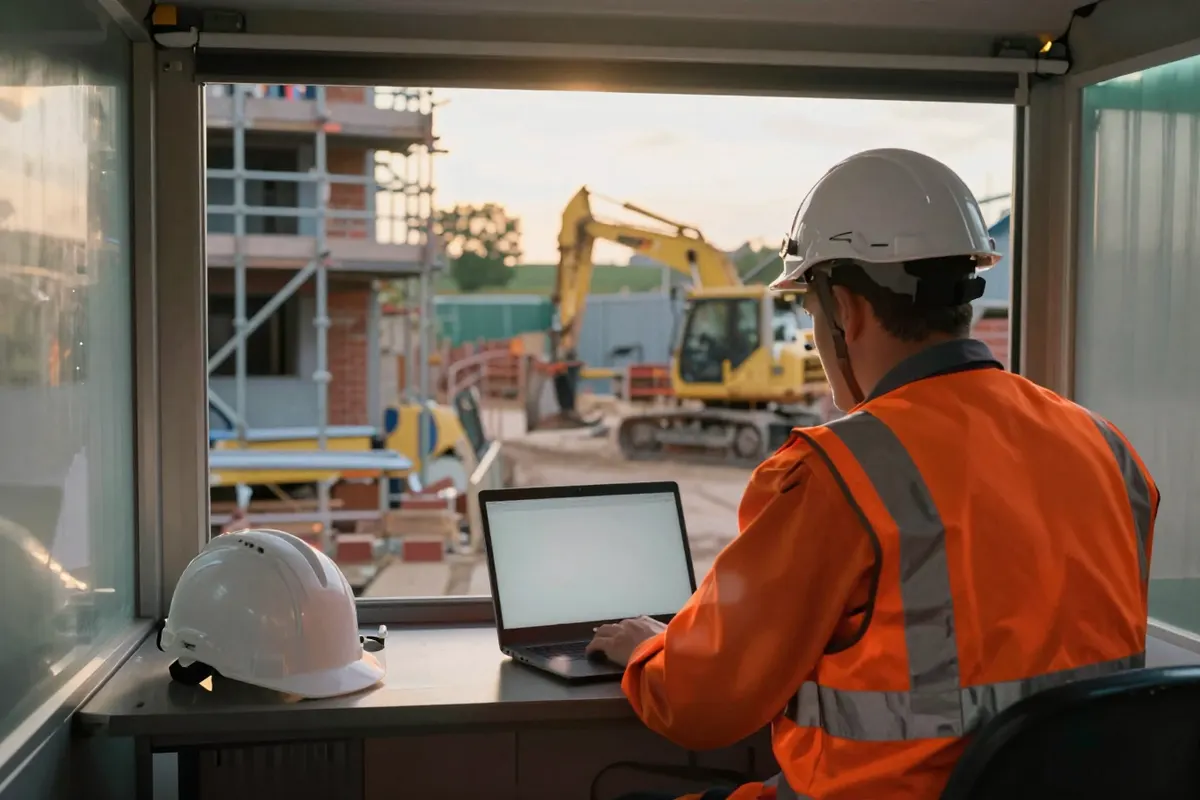 A contractor in hi-vis at a laptop in a site cabin, looking out at scaffolding and an excavator