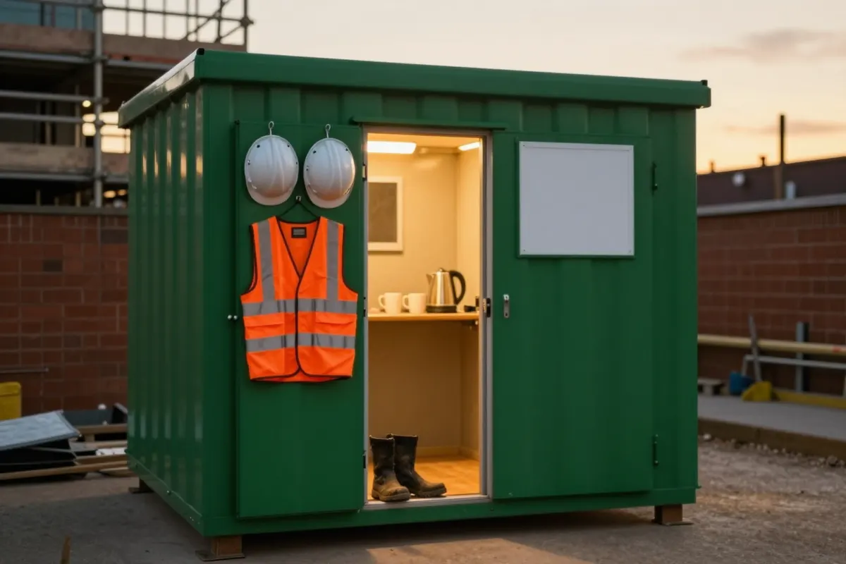 The open door of a green site welfare cabin with a kettle and mugs inside, hard hats and a hi-vis vest by the door