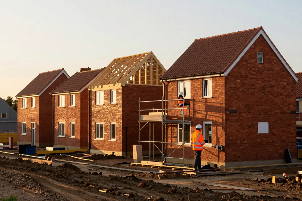 A row of new-build brick houses at different stages, one with its roof trusses going up and scaffolding