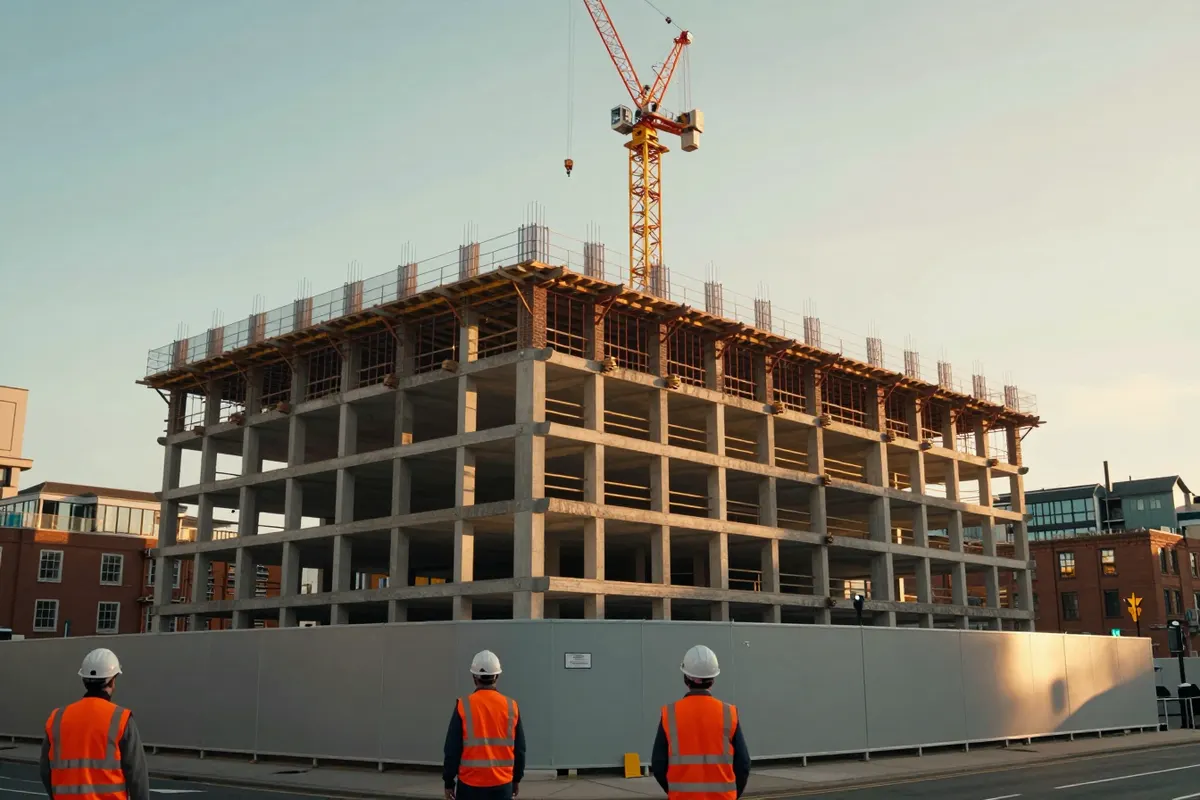 A concrete framed building under construction with a tower crane, and three workers in hi-vis at the hoarding