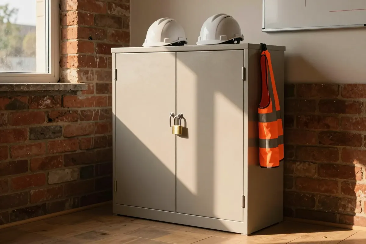 A grey steel cabinet in a site office, its doors locked with a brass padlock