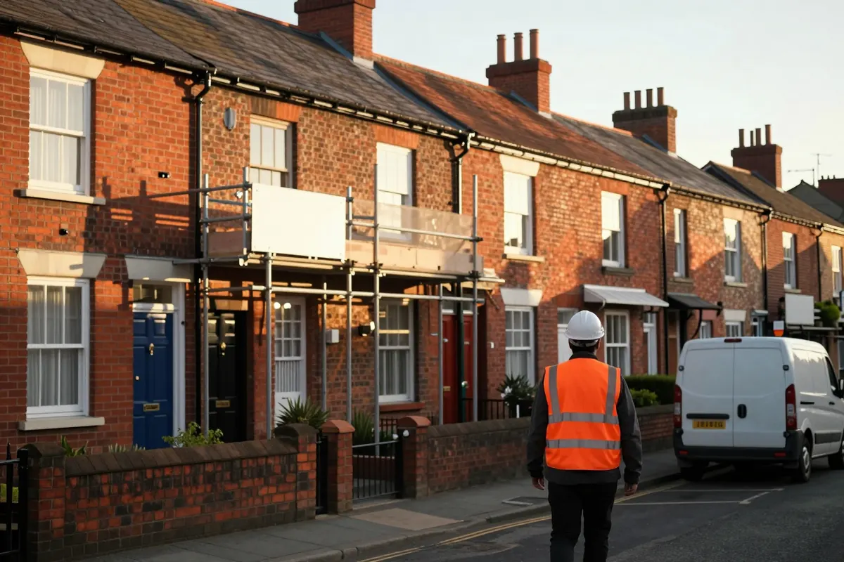 A street of red brick terraced houses, one with scaffolding for a roof repair, and a worker in hi-vis