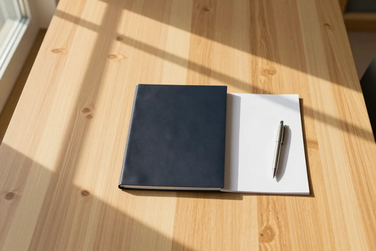 A closed navy ring binder, a blank sheet of paper and a pen on a sunlit oak table