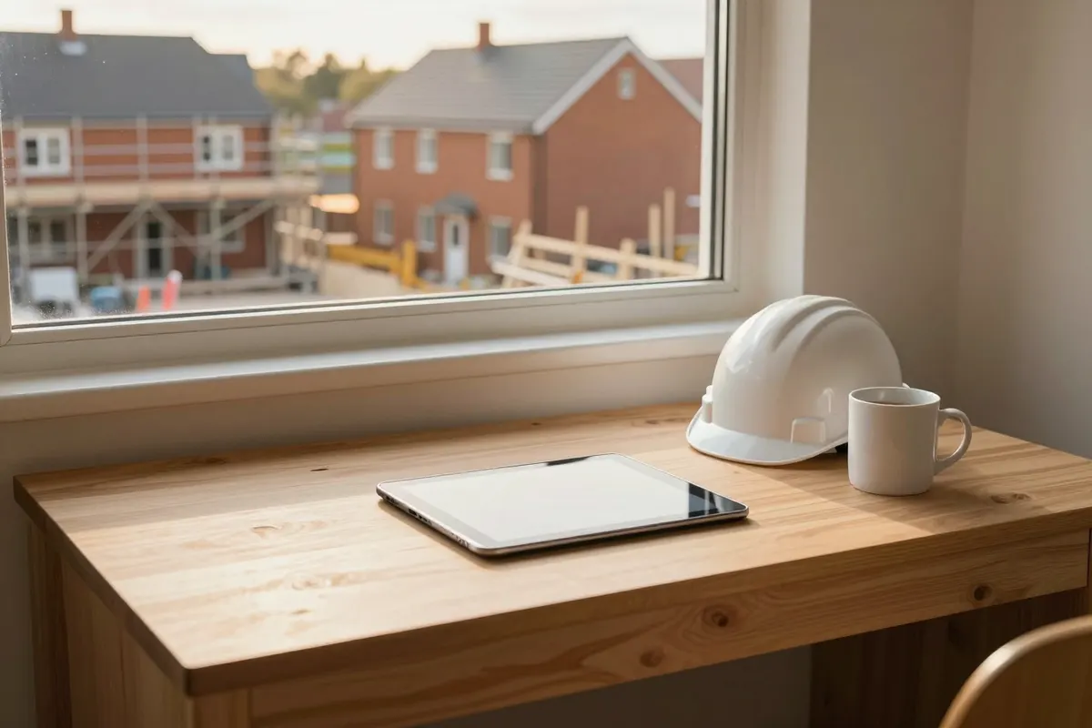 A tablet, a white hard hat and a mug of tea on a site office desk, with scaffolded houses through the window