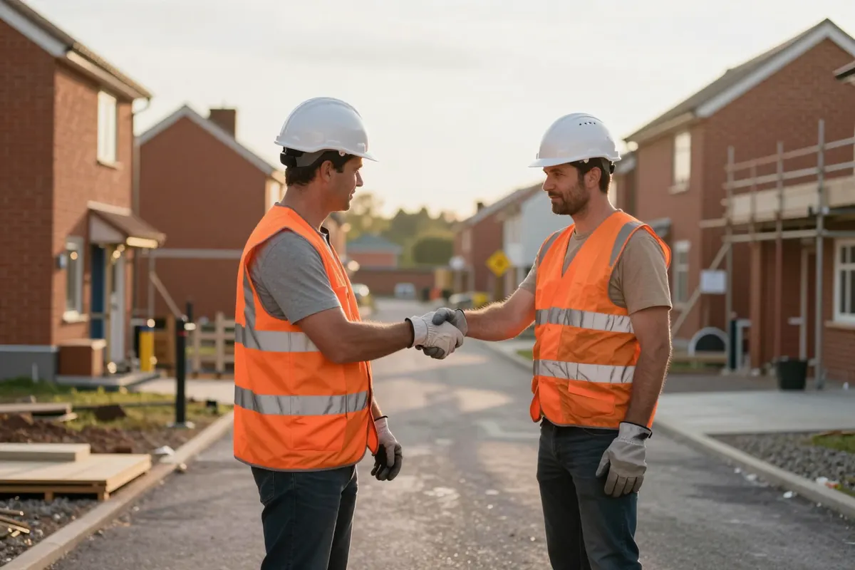 Two contractors in hard hats and hi-vis shaking gloved hands on a new-build housing site